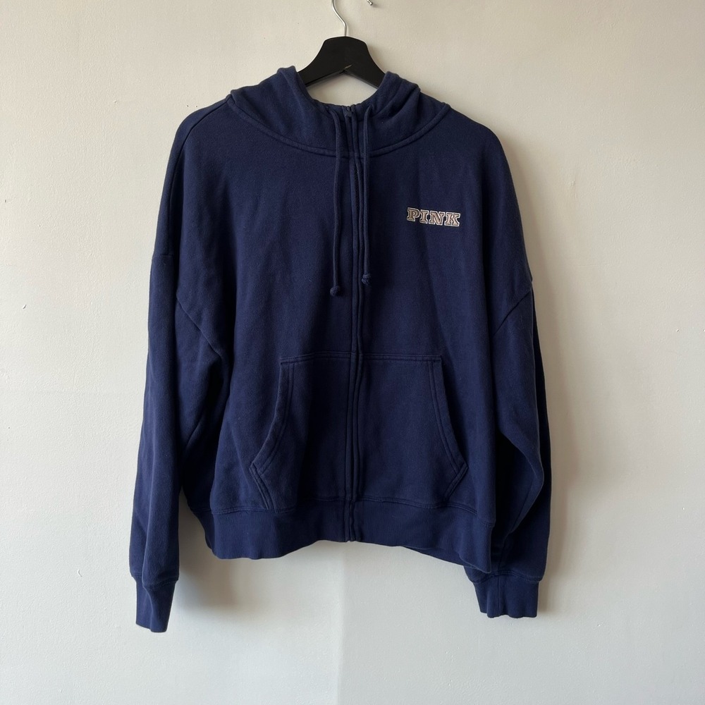 PINK Victoria's Secret Hoodie Womens Large Zip Up Sweatshirt Pullover Navy Blue